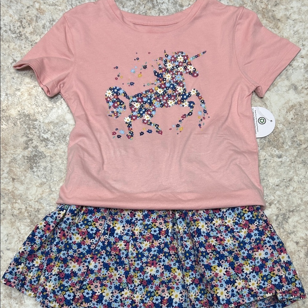 Pink Unicorn T-Shirt with Floral Skort